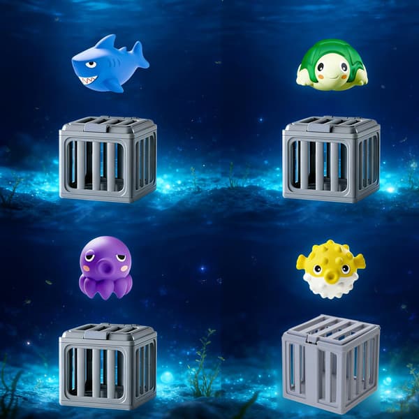 Interactive pool toy with diving cage and animals to encourage underwater exploration and team play while swimming Puffer Fish Puffer Fish