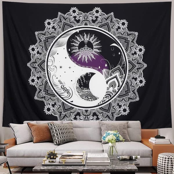 Psykedelisk sol- og måneteppe veggteppe Yin Yang H
