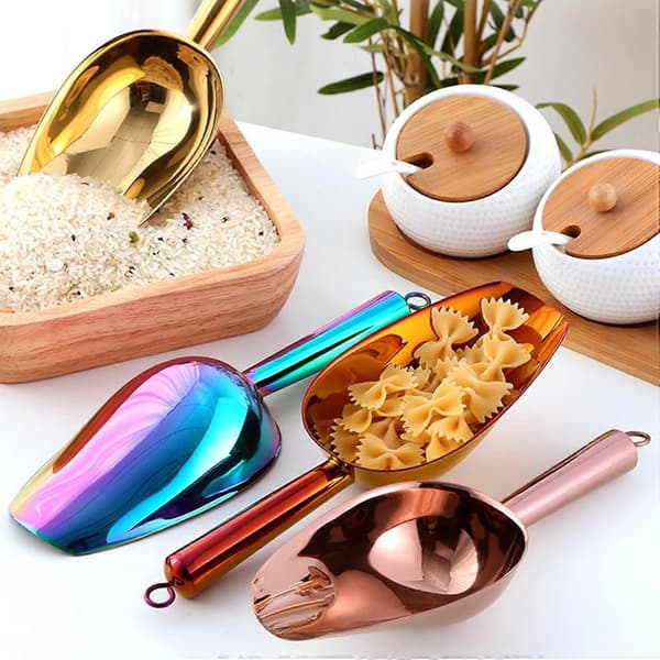 Stainless Steel Ice Scoop with Ergonomic Handle and Hook for Kitchen Bar and Versatile Use
