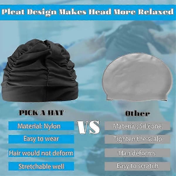 Badmössor för kvinnor Simning Nylon Tyg Plisserad Badmössa för Långt Hår Stor Hög Elastisk Badmössa Simhattar Svart Black