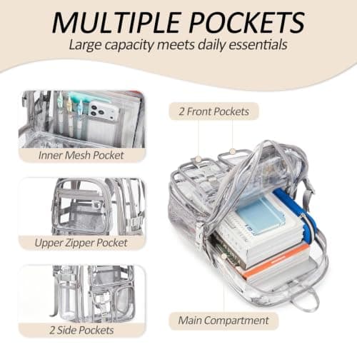 abshoo Large Clear Backpack for School Heavy Duty Transparent Bookbag with Multiple Pockets for Middle and High School (Grey) Grey Grey