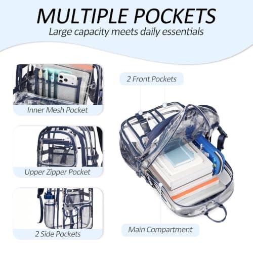 abshoo Large Clear Backpack for School Heavy Duty Transparent Bookbag with Multiple Pockets for Middle and High School (Navy Blue) Navy Navy