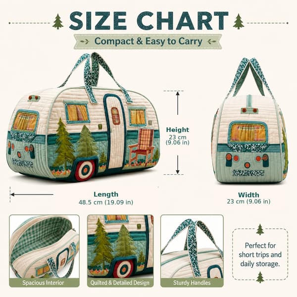 Sød hvalp quiltet duffeltaske, blomstret patchwork rejsetaske til camping, picnic, korte ture og daglig opbevaring Camper Pine Tree 1 Camper Pine Tree 1