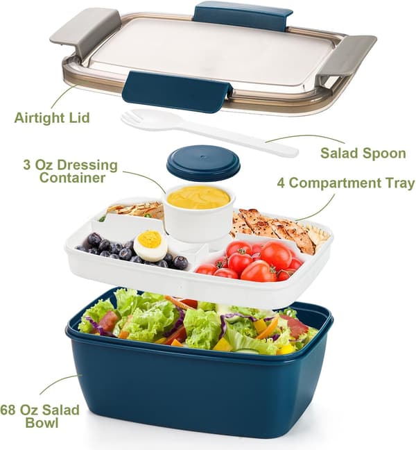 3-pack Salladslåda med 4-facksinsats, Bento Lunchlåda med sked & dressingbehållare