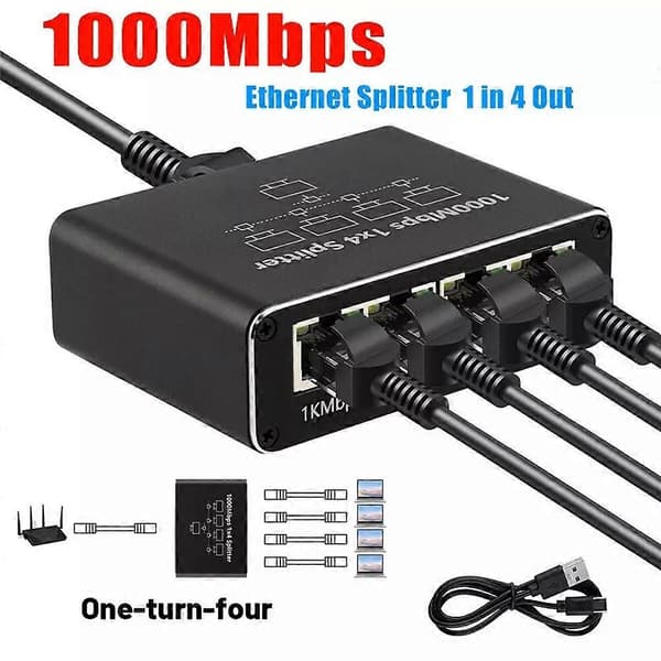 RJ45 Gigabit Ethernet Splitter LAN Network Internet 1 to 4 Out Adapter 1000Mbps