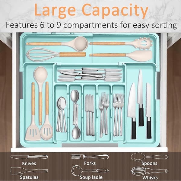 Expandable Cutlery Drawer Organizer BPA-Free Utensil Tray 6-9 Compartments Adjustable for Kitchen