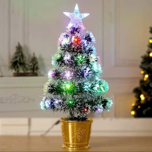 Small Tabletop Fiber Optic Christmas Tree, Mini Artificial Christmas Tree Pre-lit with Snow Flocking, Plug-in Model, 60cm