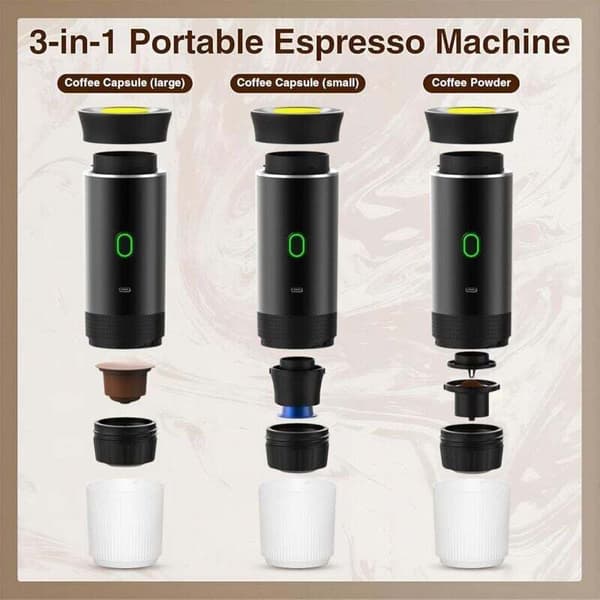 Portable Travel Kettle, Fast Heating 3-in-1 Portable Coffee Maker 12V, 4-6 Minute Automatic Heating, Large Capsules, Ground Coffee