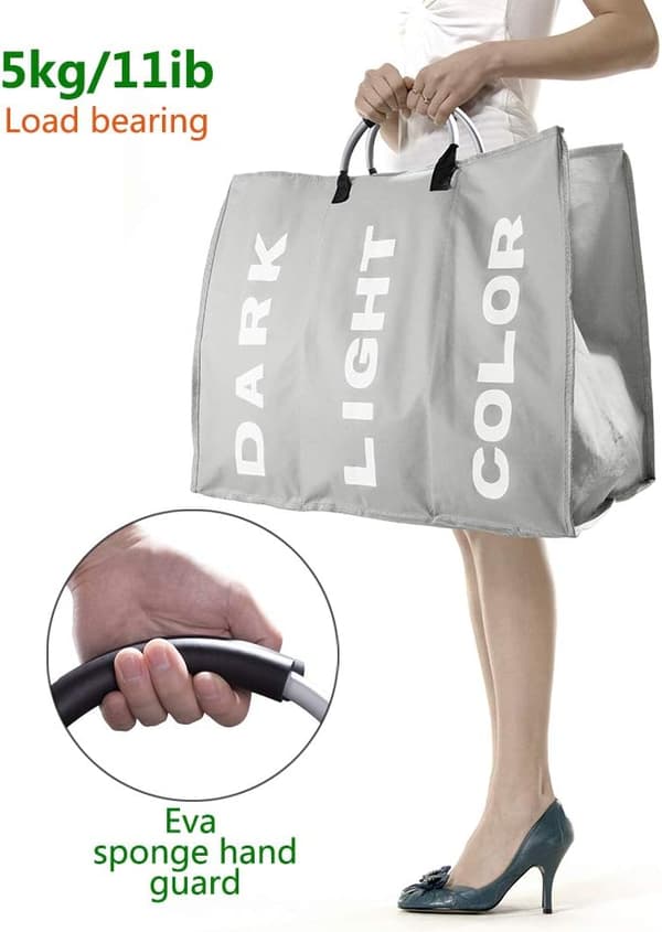 Large 3-Section Laundry Hamper, Foldable Fabric Storage Bag for Clothes with Handles 85L 60x32cm Grey