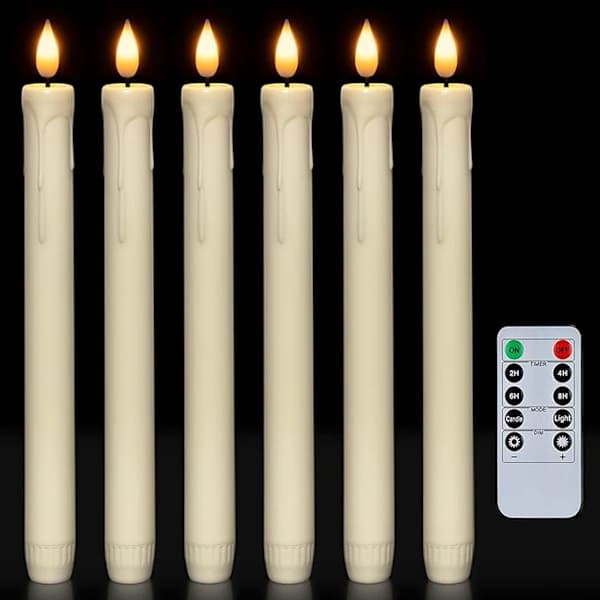 6-pack LED Taper Candles with Remote Control and Timer, Flickering Warm White Light in Real Wax for Home and Wedding, Ivory 24.5 cm D D