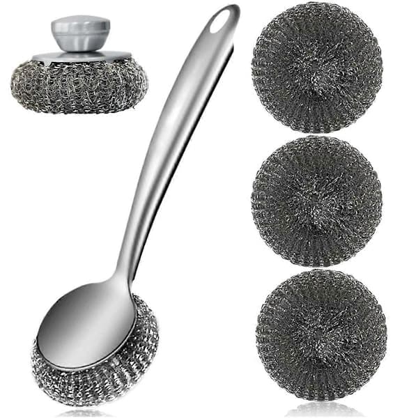 Steel Wool Dish Brush with Handle, Cleaning Scrubber Set