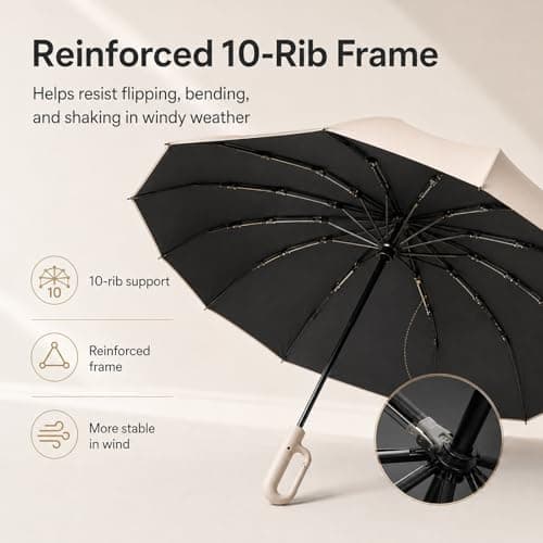 Creative Ring Buckle Wind-Resistant Reinforced Umbrella, UPF 50+ Sun Protection Automatic Folding Umbrella with Carabiner, 10-Rib Frame, Compact Green Green