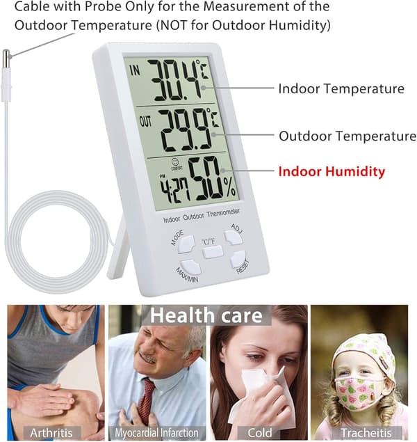 Digitalt hygrometertermometer, LCD digitalt termometer med sonde, innendørs og utendørs hygrometer, kjøleskapstestersensor