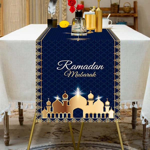 Eid Ramadan Mubarak Bordløper, 14x71 Tommer Stjerne Måne Moské Dekorativ, Polyester Duk Dekorasjon for Hjemmesal