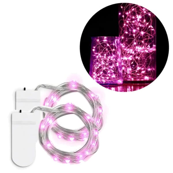 2-pakning 1m Mini LED Lyslenker Batteridrevet Rosa