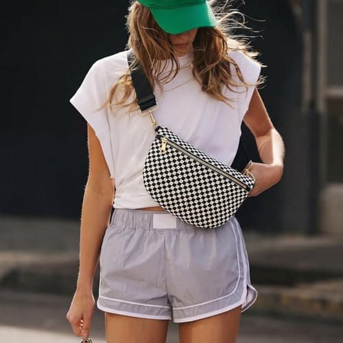 Vævede crossbody-tasker til kvinder ternet bæltetaske damer bæltetaske skuldertaske med bred rem til rejser rød/lyserød tern Red/Pink Grid