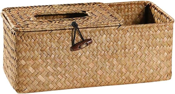 Vevd halmvevboks, funksjonell oppbevaringsboks, fjernkontrolloppbevaring, 24 × 12 × 9 cm