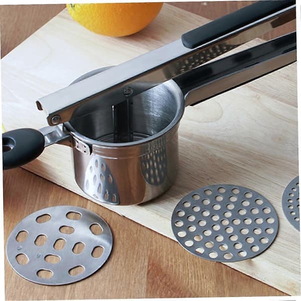 Stainless Steel Potato Masher with Ergonomic Silicone Handle and Interchangeable Discs for Smooth Mash