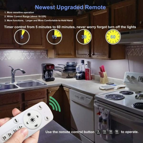 Kitchen LED Light Wireless Remote Control Spotlight Whole House Stick LED Light with Magnetic Strip/Automatic On/Off Timer, Silver 2-Pack-FX-