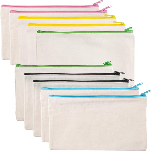 10-pack vita canvas-väskor med dragkedja, pennfodral för pyssel, tomma