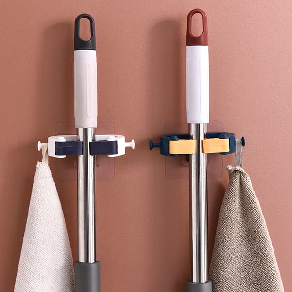 Väggmonterad mopphållare Vit plast stansfri moppklämma med spårlöst lim 2-pack