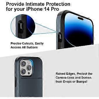 iPhone 14 Pro Case with Card Holder Protective Dual Layer Armor Rubber Navy Blue
