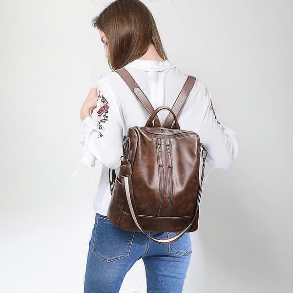 Anti-theft Leather Backpack for Women, Handbag, Daypack, Brown