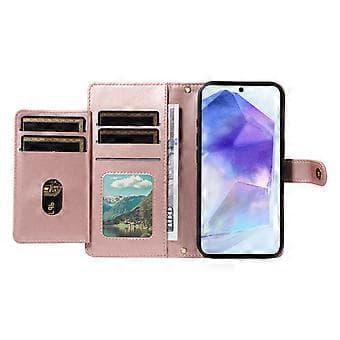 Compatible Wallet Case with Straps for Samsung Galaxy A55 5G, Diamond Pattern Leather Stand Phone Cover (Rose Gold)