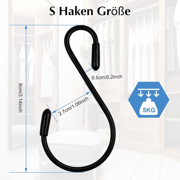 S-krokar, 12-pack - Svart - 8 cm - S-formad - Maxbelastning: 5 kg