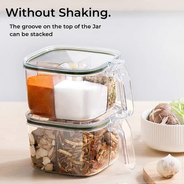 Spice Jar Set with Spoons, 4-Compartment Transparent Spice Containers with Lids and Moisture-Proof Seal