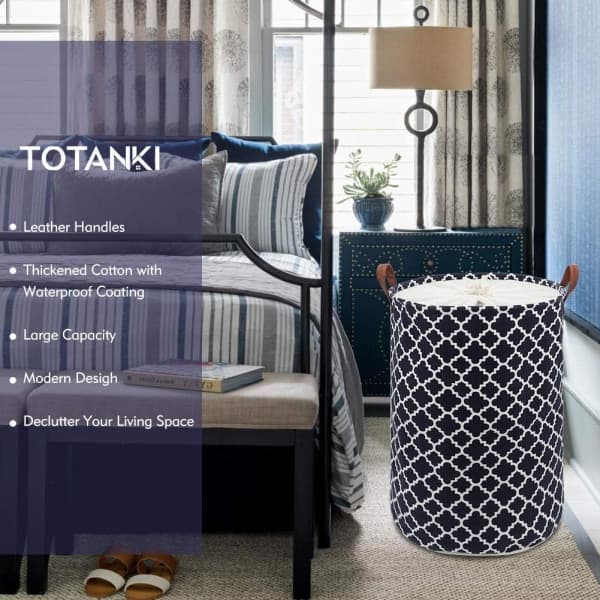 72L Thickened Extra Large Laundry Hamper with Durable Leather Handle Waterproof Interior, Drawstring Round Cotton Linen Foldable Storage (Black)