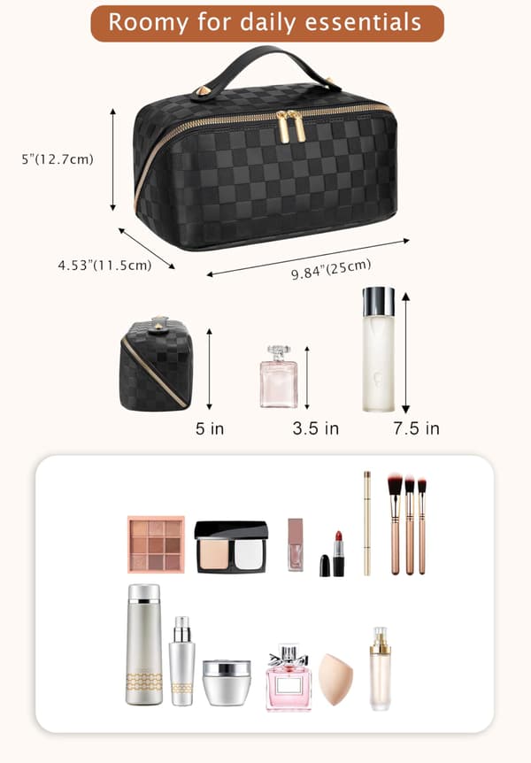 ALEXTINA Makeup-rejsetaske, ternet kosmetiktaske i PU-læder, sort Medium black Medium