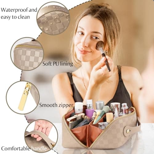 Rejsetaske med stor kapacitet - Åbne flade makeuptasker til kvinder Vandtæt PU-læder ternet makeuptaske, toilettaske til khaki Medium khaki Medium