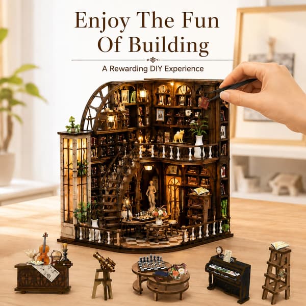 Book Nook Kit - DIY Miniature House for Adults and Teens, 3D Wooden Bookshelf Insert with LED Light, Bookshelf Decoration (Basque Study) Basque Study