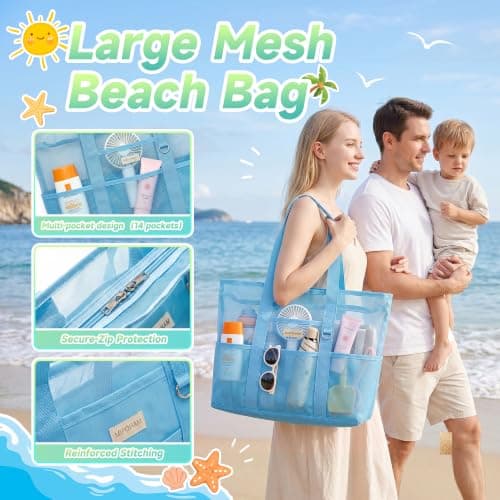 Iridescent mesh-strandtaske med lynlås, stor strandtaske med 14 lommer Blå Blue