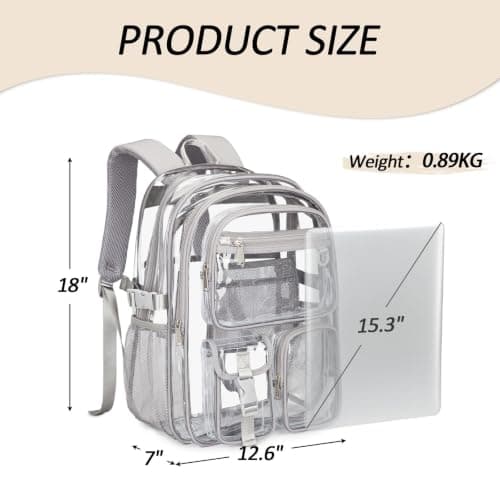 abshoo Large Clear Backpack for School Heavy Duty Transparent Bookbag with Multiple Pockets for Middle and High School (Grey) Grey Grey