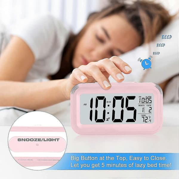 Battery-Powered Digital Alarm Clock, LCD Clock Electronic For Bedroom Home Office, With Date, Indoor Temperature Pink