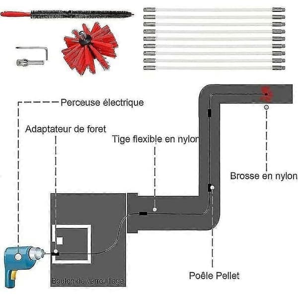 Professional Chimney Sweeping Kit. Adjustable 3.6m x 100mm Nylon Chimney Brush. 9 Flue Rods.