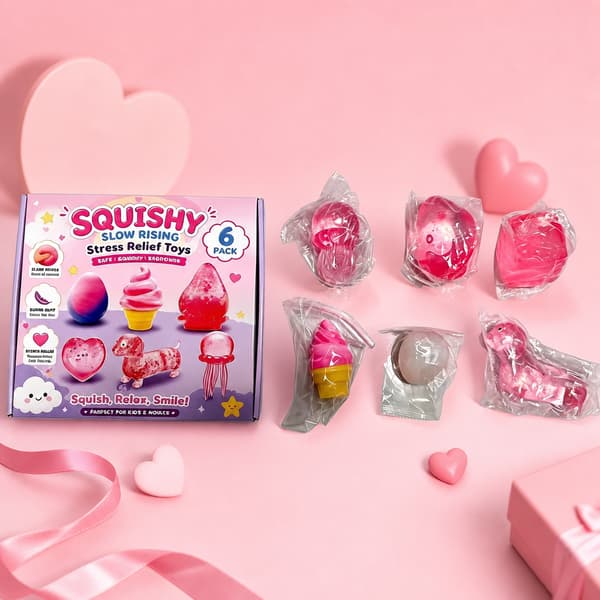 6-pack rosa långsamt stigande squishy-leksaker, söt dessert, djur och frukt stresslindrande sensorisk fidget-presentuppsättning