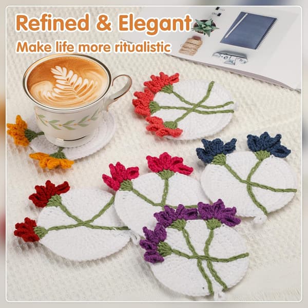Crochet Kit for Beginners Adults, 6 Pcs Coasters Beginner Crochet Kit, Crochet Starter Kit, Crochet Flower Coasters