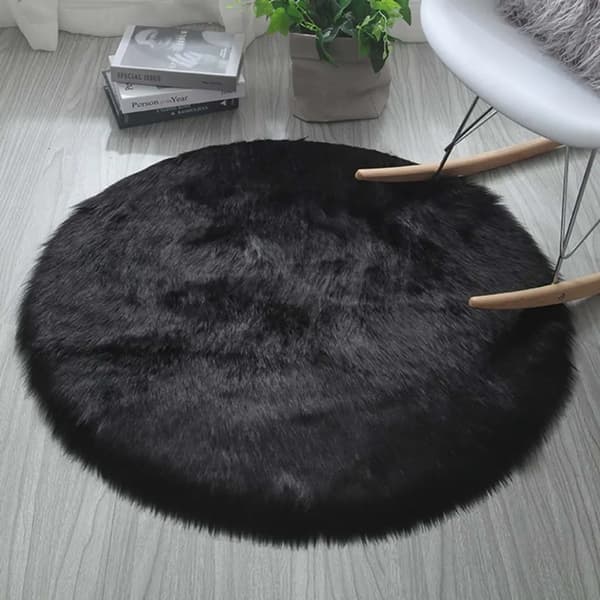 Rund fluffy tæppe fluffy lang luv shaggy tæppe dyb luv løber stue (sort)