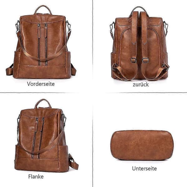 Anti-theft Leather Backpack for Women, Handbag, Daypack, Brown