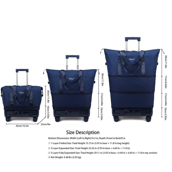 Rolling duffel bag with wheels and handle, expandable foldable carry-on with detachable wheels, personal travel bag, lightweight Deep Navy Deep Navy