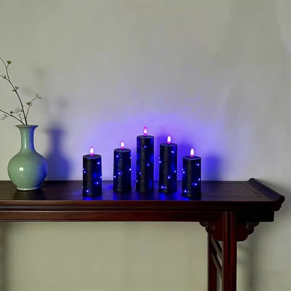 LED String Light with Flameless Pillar Candles, Remote Control and Timer for Halloween and Parties 5Pk-Purp-Remote 5Pk-Purp-Remote