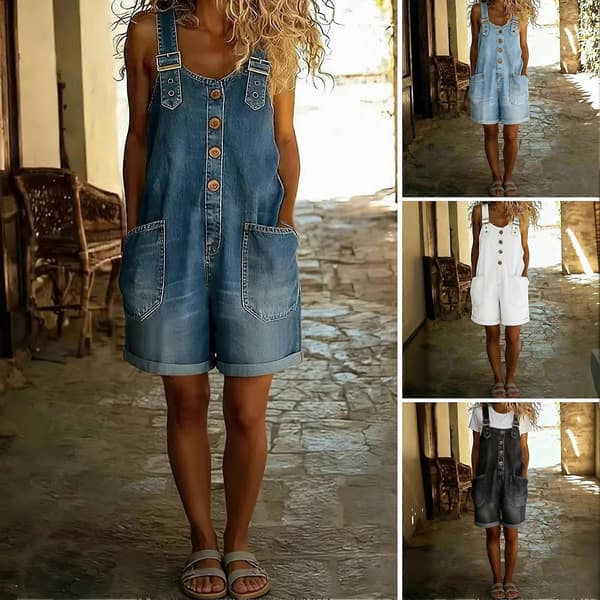 Adjustable Denim Overalls - Front Button Closure & Wide Leg - Women's Loose Summer Jumpsuit Light Blue XL Light Blue XL