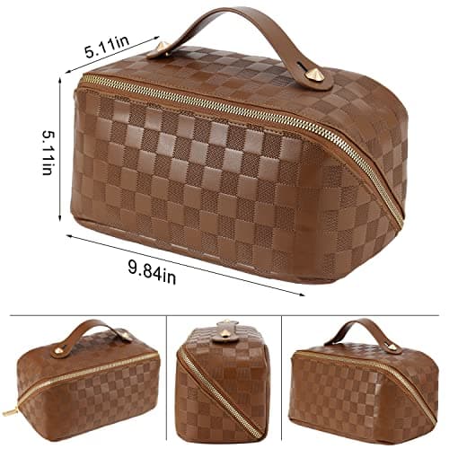 Rejsetaske med stor kapacitet - Bærbare makeuptasker til kvinder Vandtæt PU-læder ternet makeuptaske med skillevægge og brun Medium brown Medium