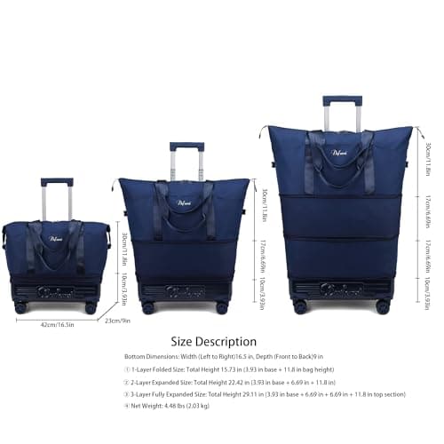 Rolling duffel bag with wheels and handle, expandable foldable carry-on with detachable wheels, personal travel bag, lightweight Deep Navy Deep Navy