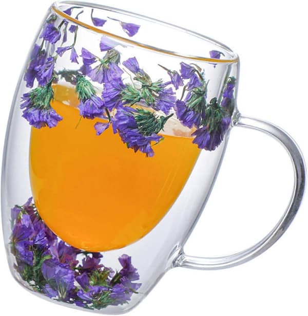 10 oz Dobbeltvæggede Borosilikatglaskrus med Elegant Tørret Blomsterdesign til Varme og Kolde Drikke