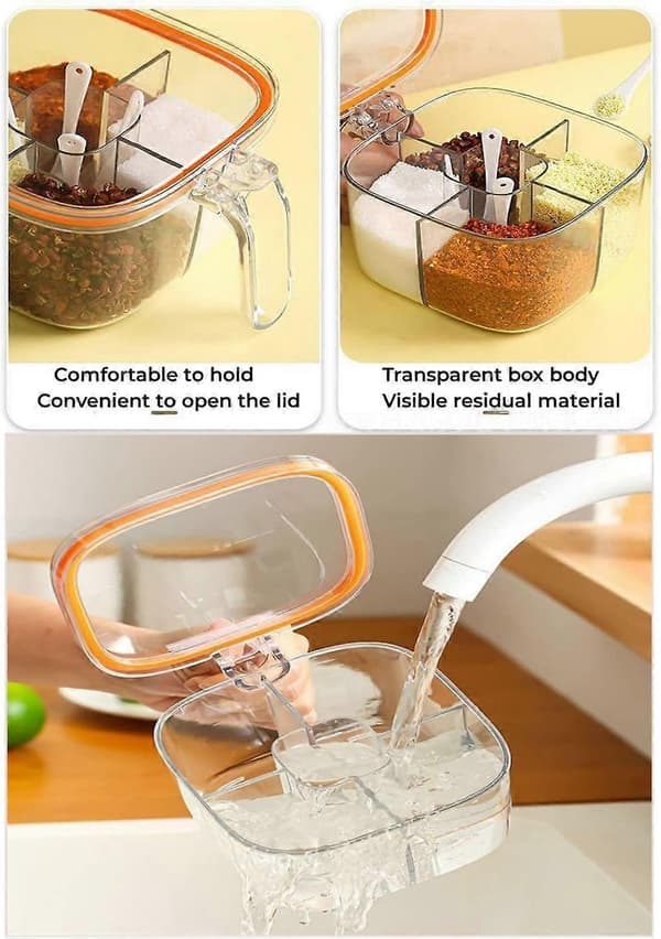 Spice Jar Set with Spoons, 4-Compartment Transparent Spice Containers with Lids and Moisture-Proof Seal