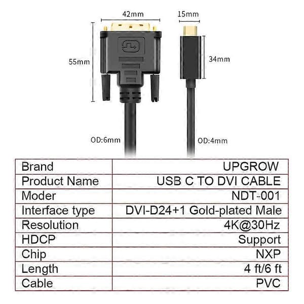 USB C til DVI-kabel 4K@30Hz 1,2M USB Type-C til DVI hann